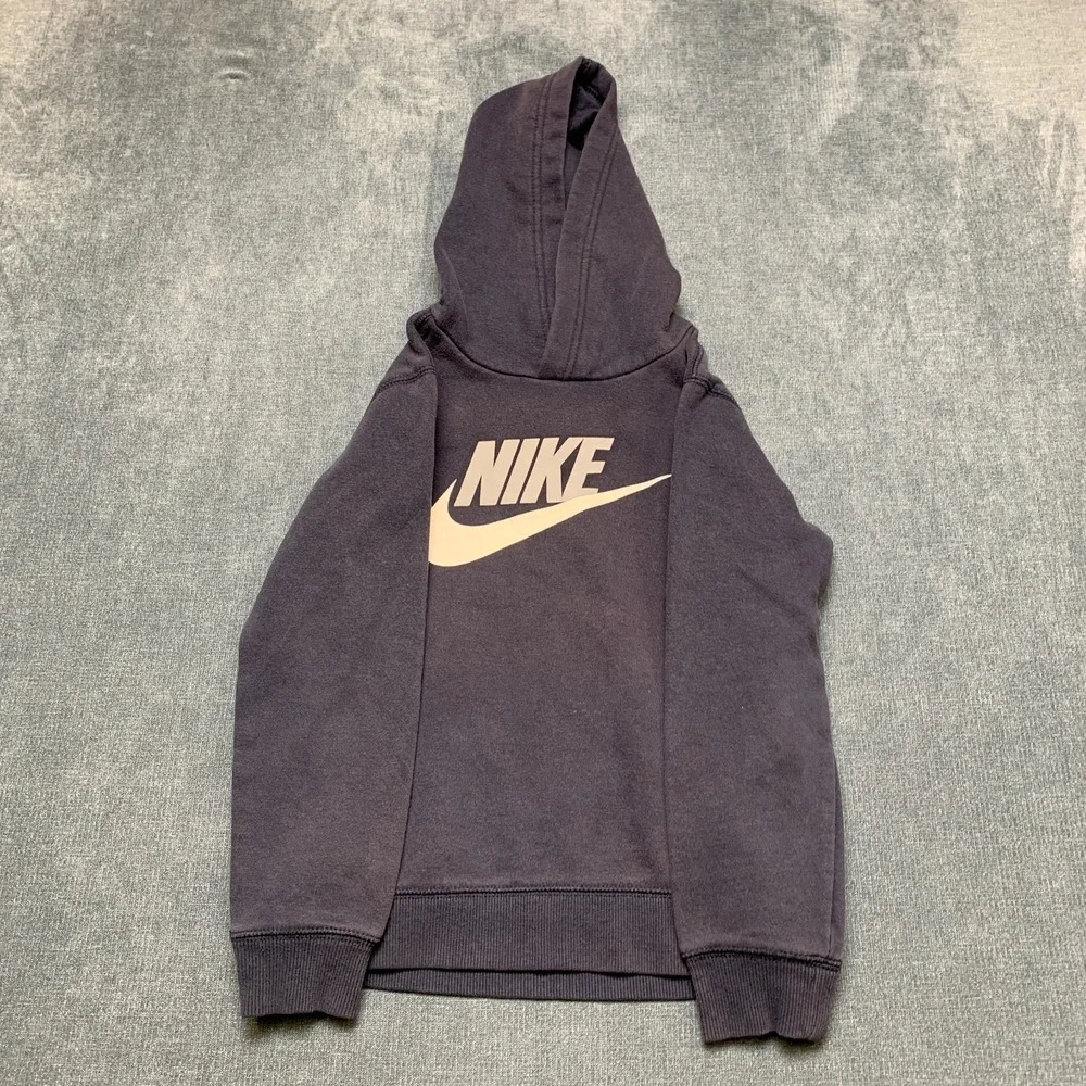 Nike Dri Fit Hoodie Boys 7 Blue Fleece Lined Ribbed Graphic Swoosh Logo Pullover